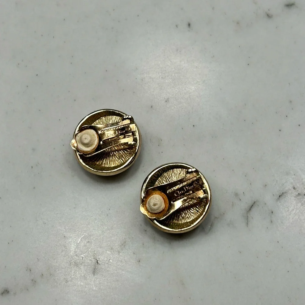 Vintage CHRISTIAN DIOR Black & Crystal Gold Clip On Earrings - Picture 2 of 4